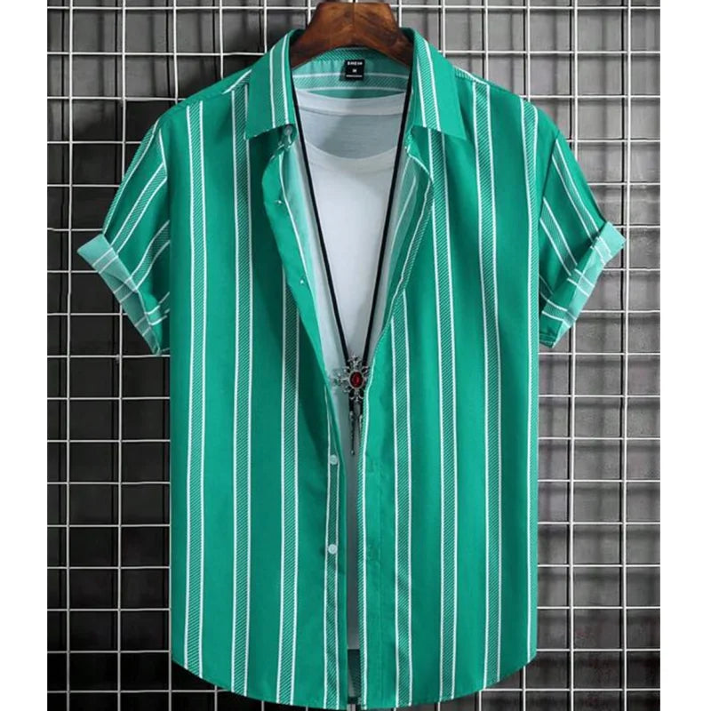 Hawaiian Shirts For Men 3d Stripe Print High-Quality Men'S Clothing Loose Oversized Shirts And Blooms Summer Casual Short Sleeve