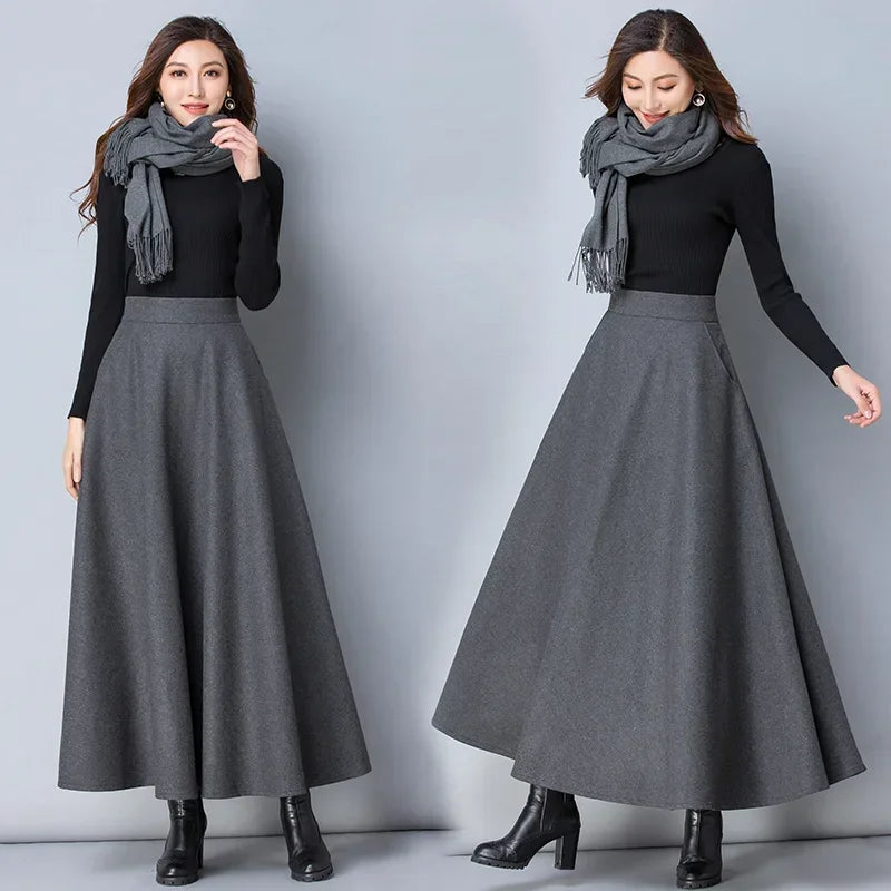 Autumn and Winter Solid Color Woolen Skirt Big Hem A- line Skirt High Waist Long Woman Skirts Mujer Faldas Saias Mulher