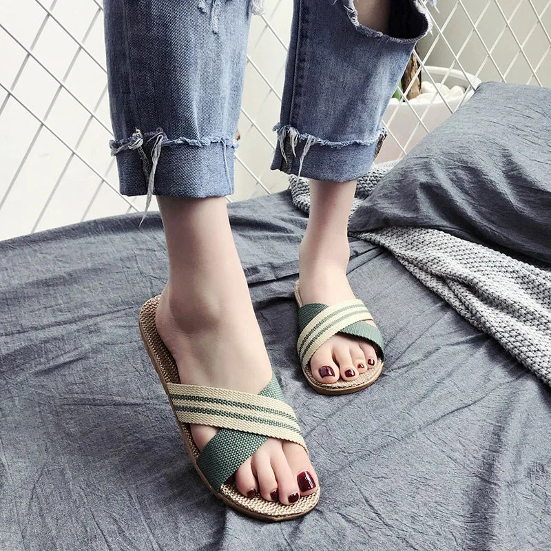 Women's EVA Linen Slippers Couple Indoor Slippers Cotton Home Non-slip Thick Bottom Summer Sandal Slippers Men