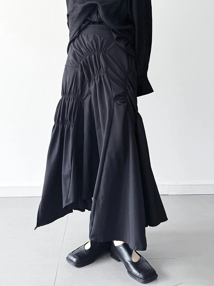 [EAM] High Elastic Waist Black Irregular Pleated Midi Elegant Half-body Skirt Women Fashion Tide New Spring Autumn 2025 1DJ0400
