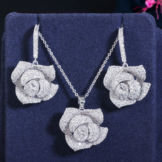 ThreeGraces Elegant Cubic Zirconia White Gold Color Rose Flower Dangle Earrings Necklace Summer Prom Jewelry Set for Women JS594