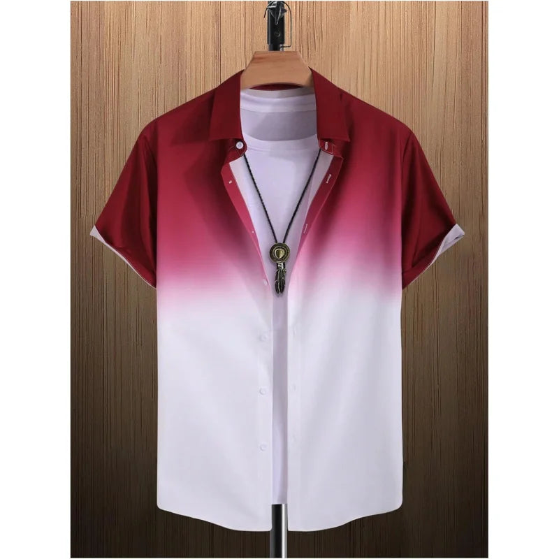 Men Shirt Ombre Gradient Short Sleeve Button Down Shirt Casual Lightweight Summer Style