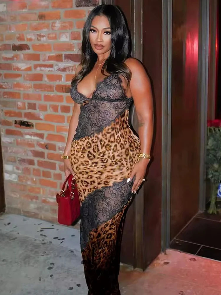 JULISSA MO Patchwork Sexy See Through Lace Print Leopard Maxi Dress For Women Spaghetti Strap V-neck Elegant Party Evening Dress