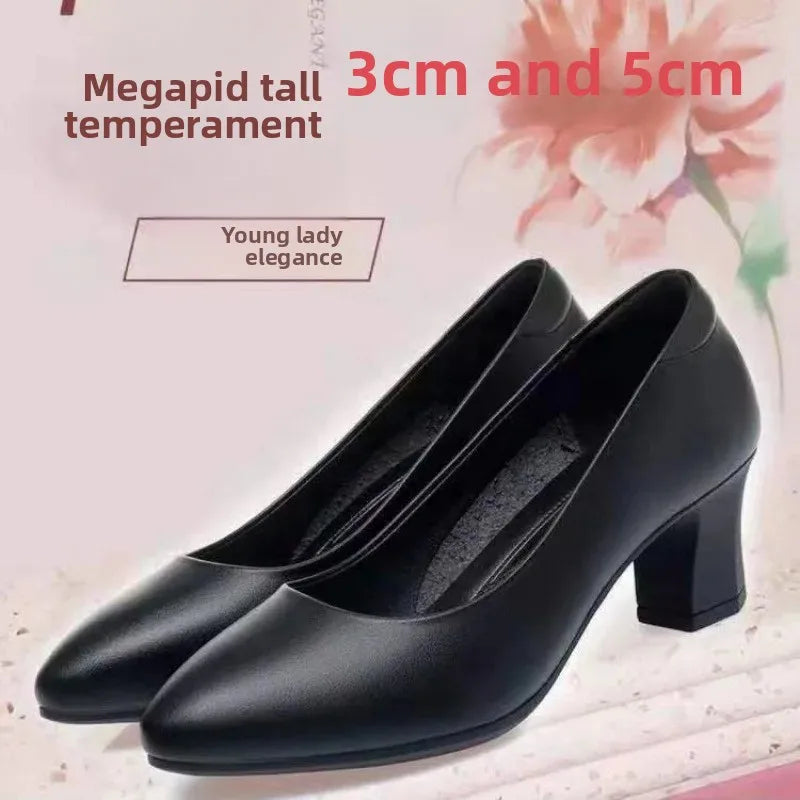 Black Interview Shoes for Women Hotel Work High Heel Soft Bottom Leather Single Shoes Summer Season Adult Footwear