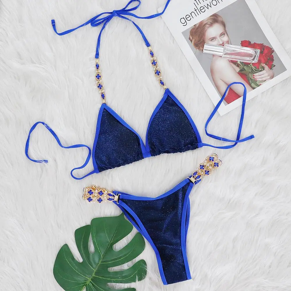 Sexy Bikinis Swimsuits Woman 2025 Luxury Rhinestones Push Up Diamond Thong Swimwear Shiny Gold Beach Bathing Suit Bikini Set