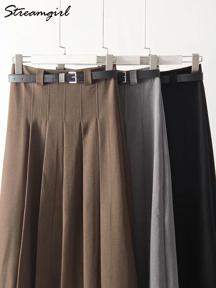 Gray Midi Pleated Skirts For Women Autumn 2024 High Waist A Line Maxi Zipper Skirts For Office Lady Long Skirt Woman Black