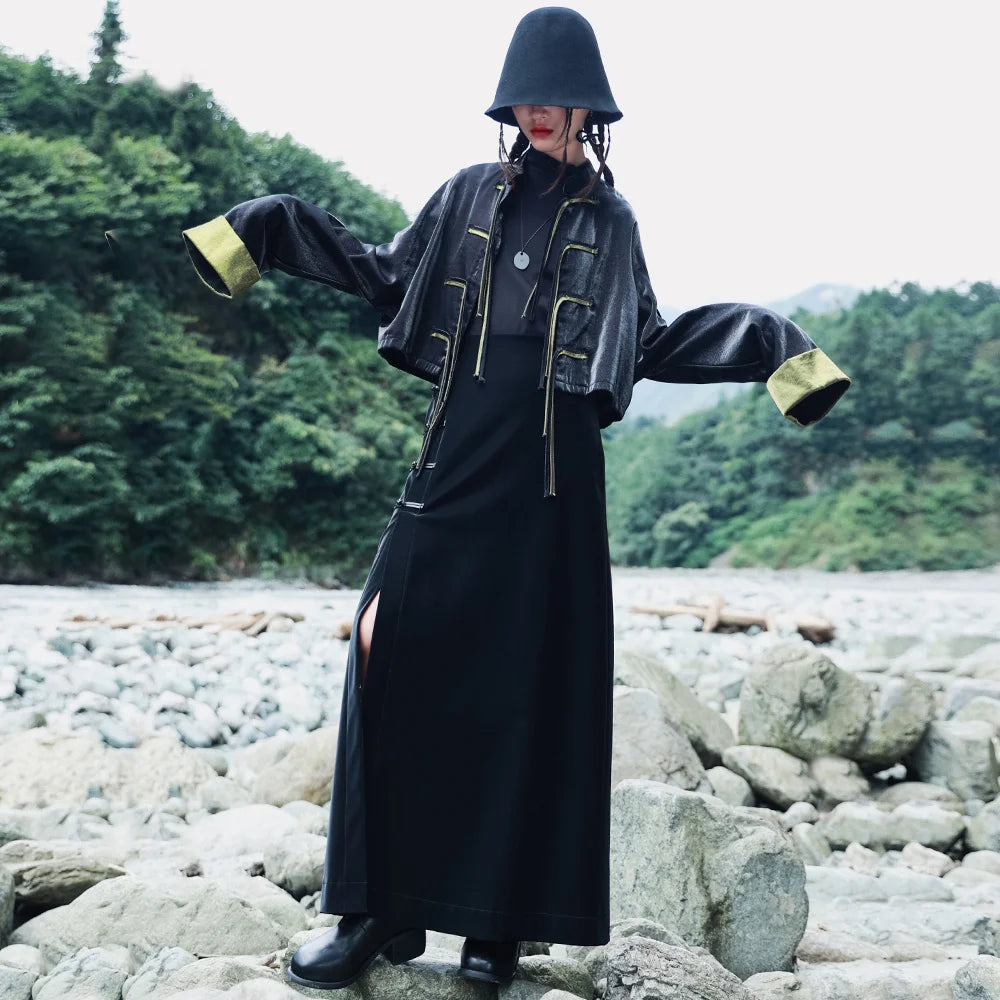 UMI MAO Dark Style Black Leather Pan Button Slit Drop Dress Women's 2023 Spring Dress New Skirts High Waist Leather Skirt