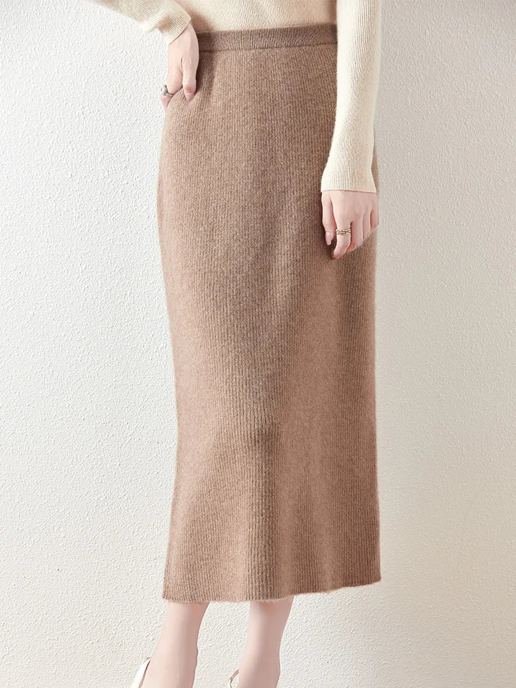 100% Merino Wool Knitted Half Skirt Autumn Winter Women's Elegant A-line Skirt High Waisted Mid Length Slimming Thick Warm Dress