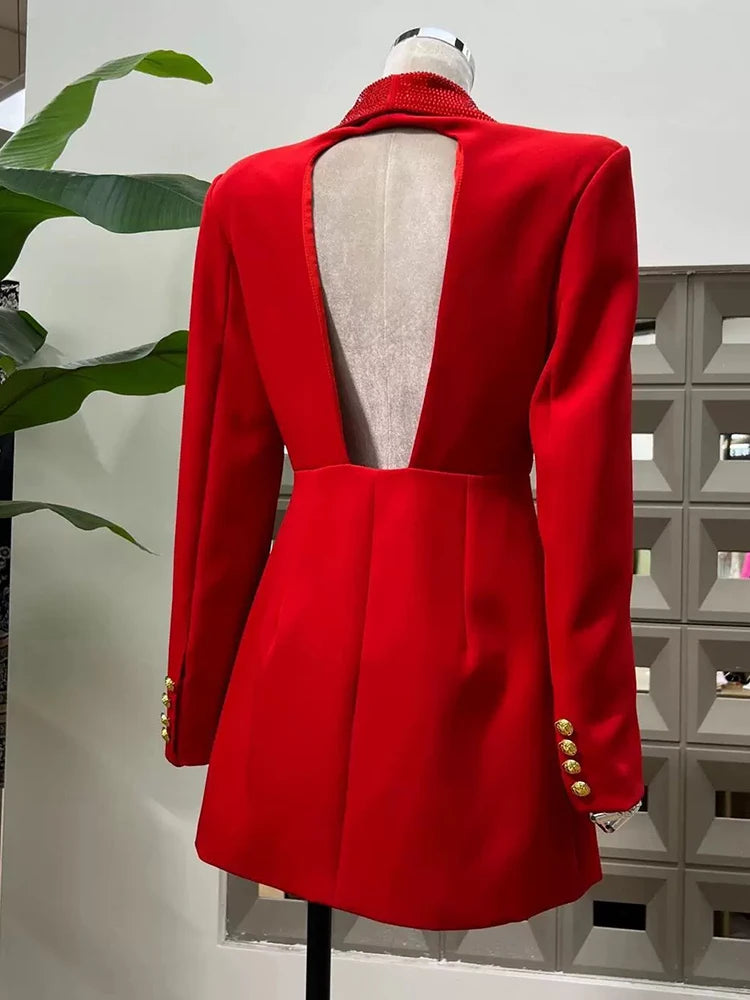 2025 autumn women's new fashion temperament deep V-neck heavy industry beading stitching design sense backless women's suit jack