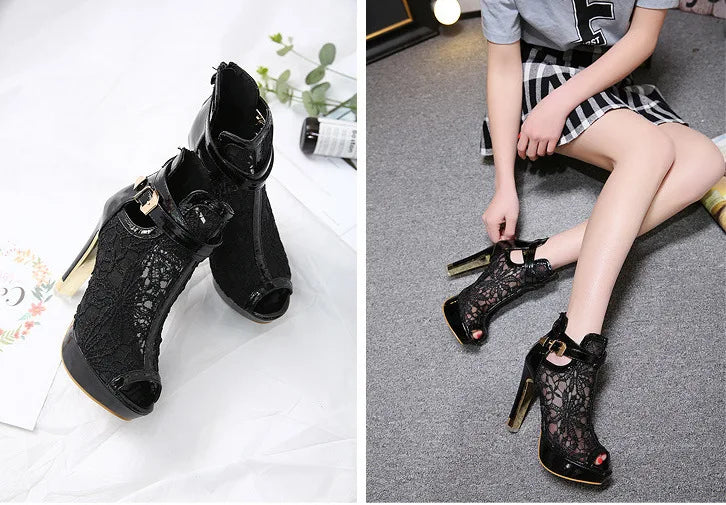 Sexy Mesh Fabric Platform High Heels Boots Sandals Women Peep Toe Nightclub Party Stiletto Female Shoes