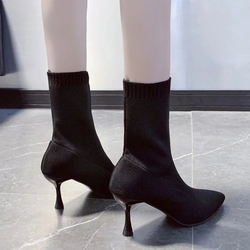 Socks Boots Women Stretch Fabric Elastic Stilettos Heel Sexy Pointed Toe Ankle Boots  Shoes Woman Thin Heels Party  shoes