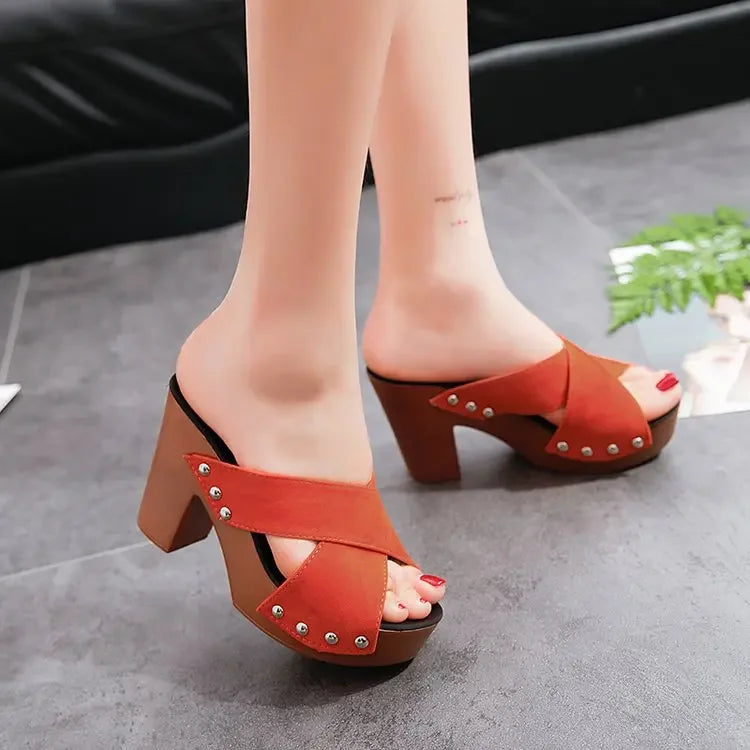 Women Sandals 2024 Summer New Square Platform Flock Casual Rivet Pumps Female Peep Toe Elegant High Heels Shoes Zapatos De Mujer