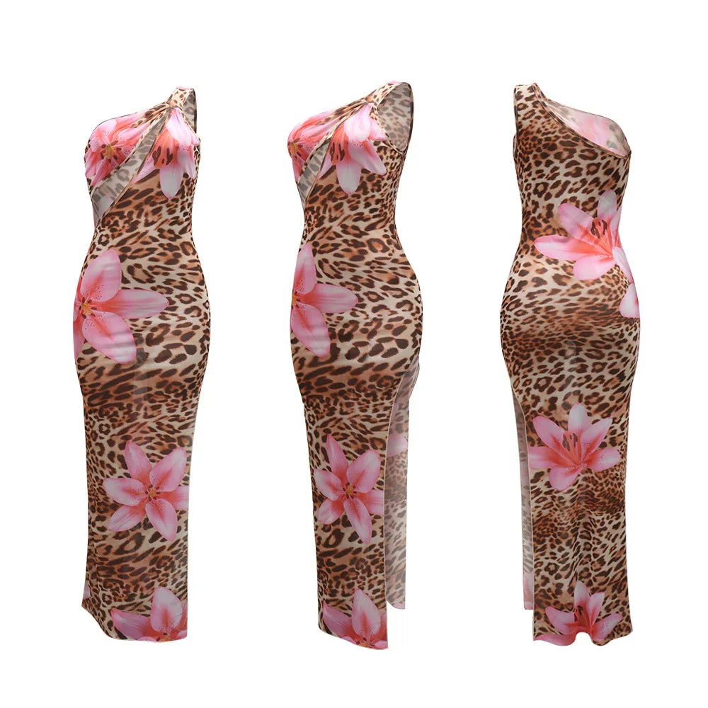 CM.YAYA Women Floral Leopsrd Printed Sleeveless High Side Split Long Maxi Dress 2025 Skew Collar Sexy Birthday Party Dresses