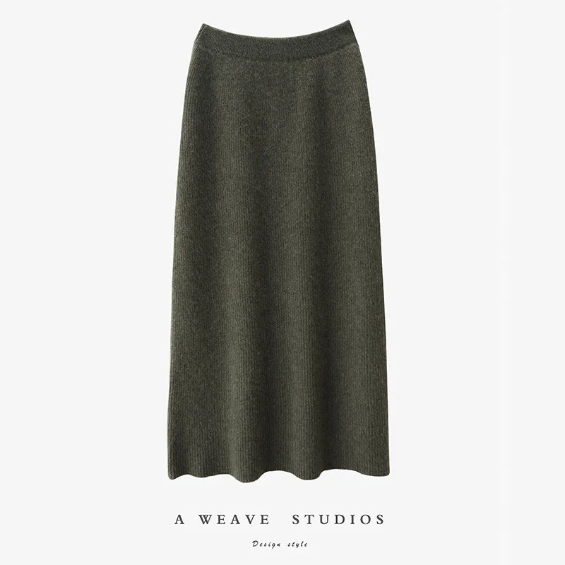 100% Merino Wool Skirt Women's Elastic Waist Cashmere Striped Skirts Office Lady Knitted Simple Dress Thickening Autumn Winter