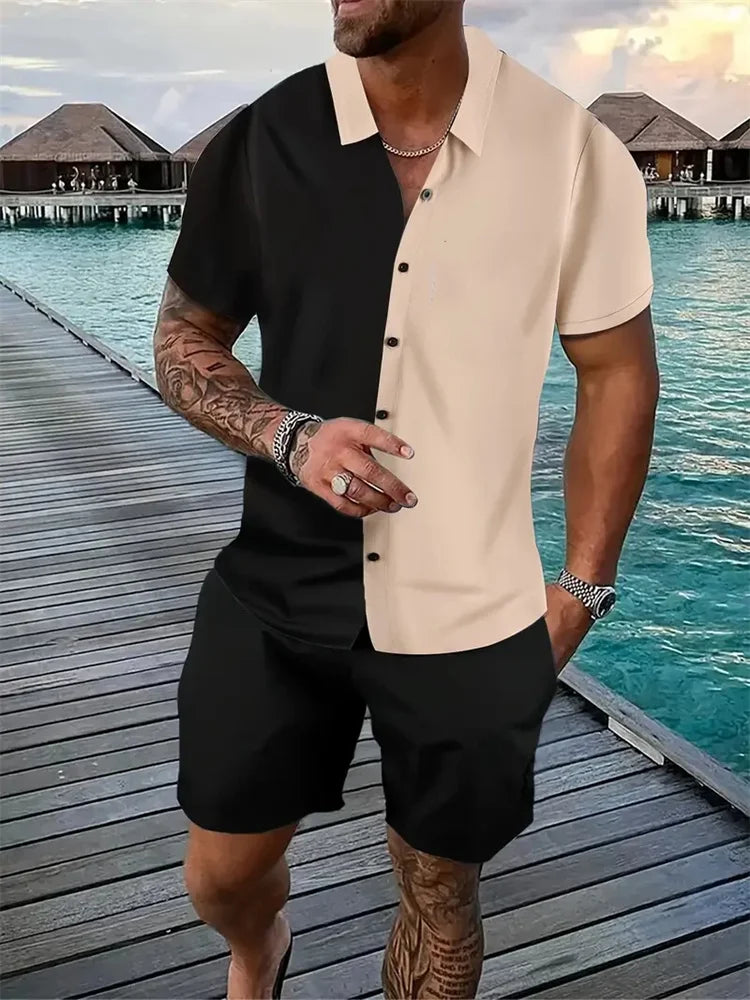 3D Printed Geometric Pattern Men's Shirt Colour Blocking Fashion Button Down Collar Short Sleeve Men's Hawaii Suit Summer Shirt