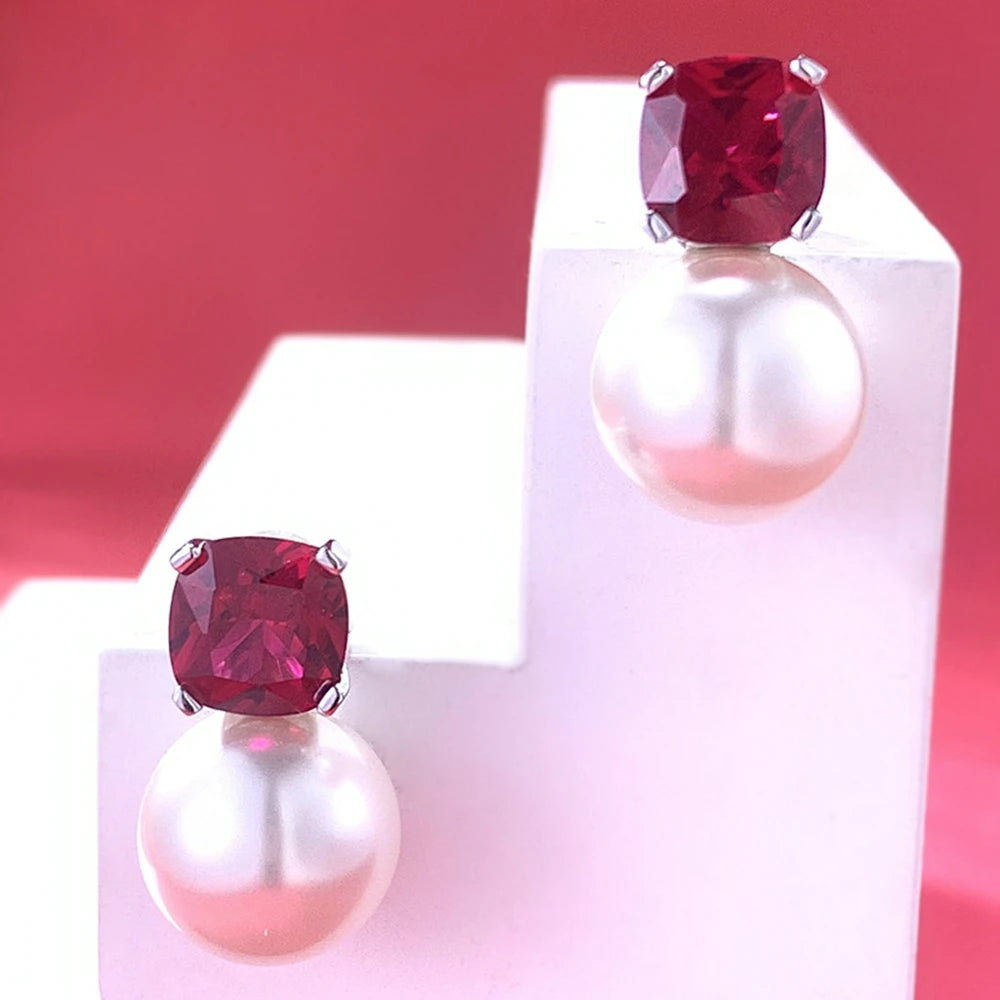 Vinregem 12 MM Pearl Ruby Gemstone Vintage Ear Studs Earrings for Women 925 Sterling Silver Fine Jewelry Wedding Party Wholesale