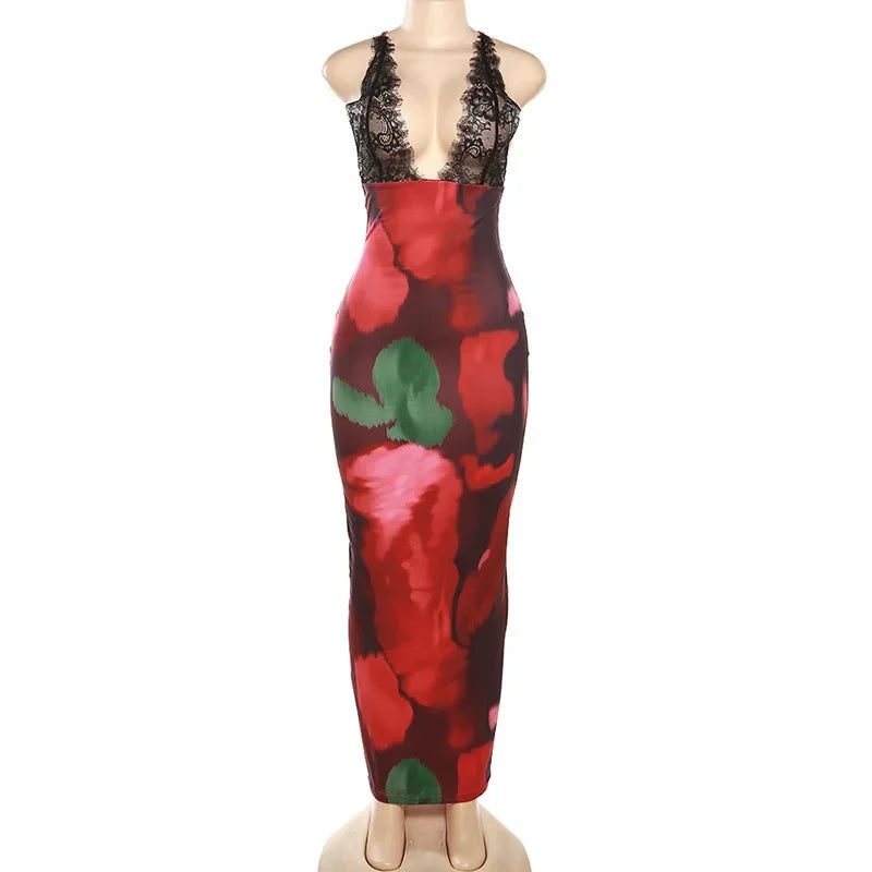 Sexy Leopard Print Lace Patchwork Maxi Dress Women Fashion V Neck Backless Long Dresses Spring Summer Female Holiday Vestidos