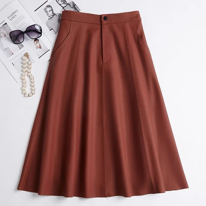 Women Caramel Genuine Leather Skirt 2025 Winter Female Natural Skin A-line Simple Big Hem Pleated Long Faldas Apricot Ropa Mujer