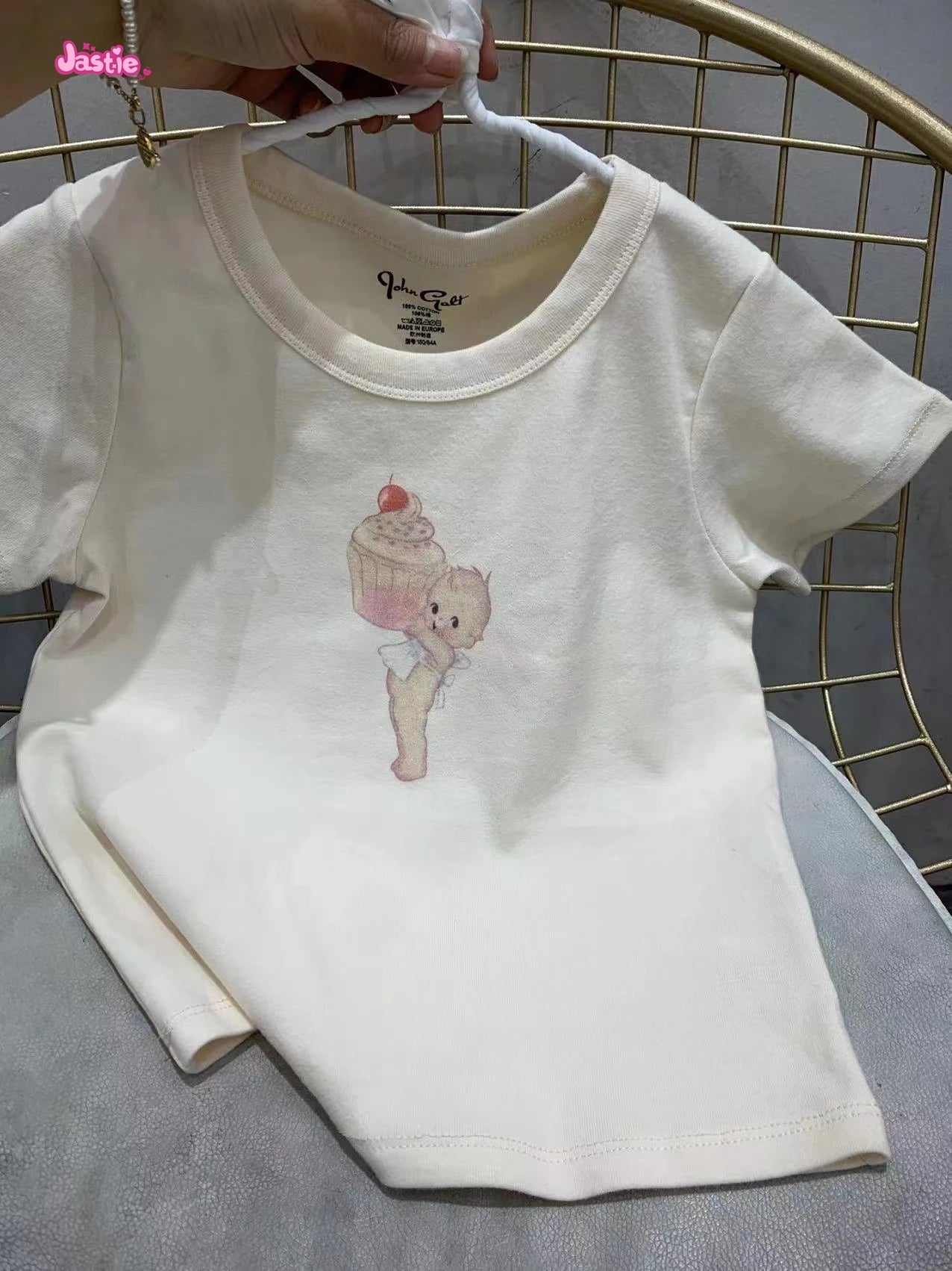 Cartoon Print Beige T-shirts Women 2024 Summer Streetwear Round Neck Short Sleeve T Shirt Female Vintage Chic Y2k Crop Top