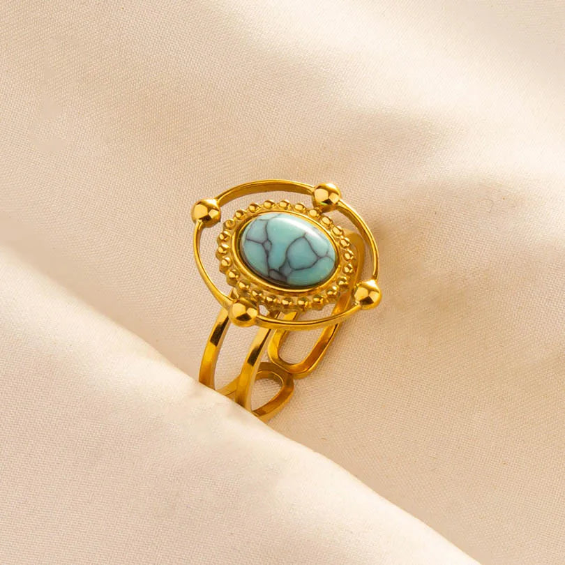 Classic Retro Turquoise Finger Jewelry Stainless Steel Rings For Women Men Accessories Open Adjustable 18k Real Gold Plated Ring