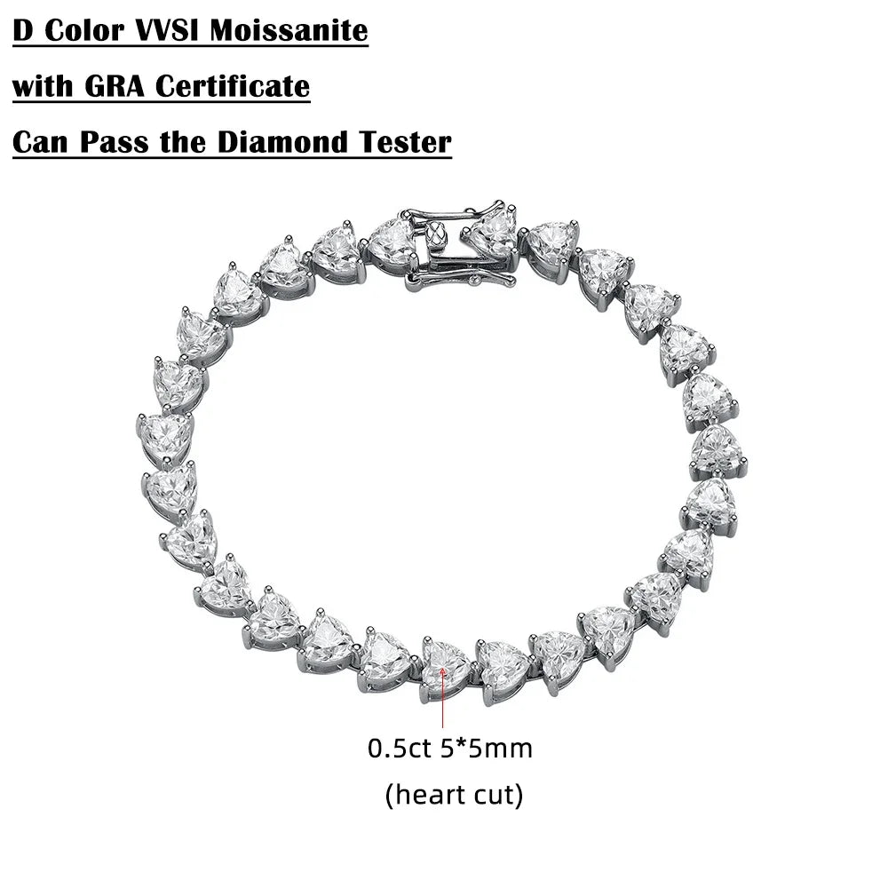 FEOBUR 3/5/6.5mm Heart Moissanite Tennis Bracelets with Certificate 925 Sterling Silver Sparkly Diamond Bangle for Women Jewelry