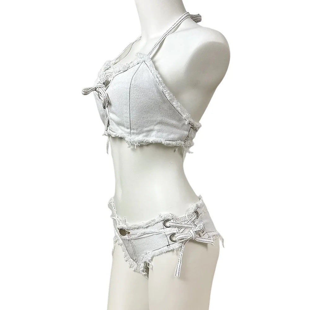 New In Women Beach Sexy Denim Bikini Sets 2025 Nightclub Bar Wear Halter Tops And Mini Hotpants