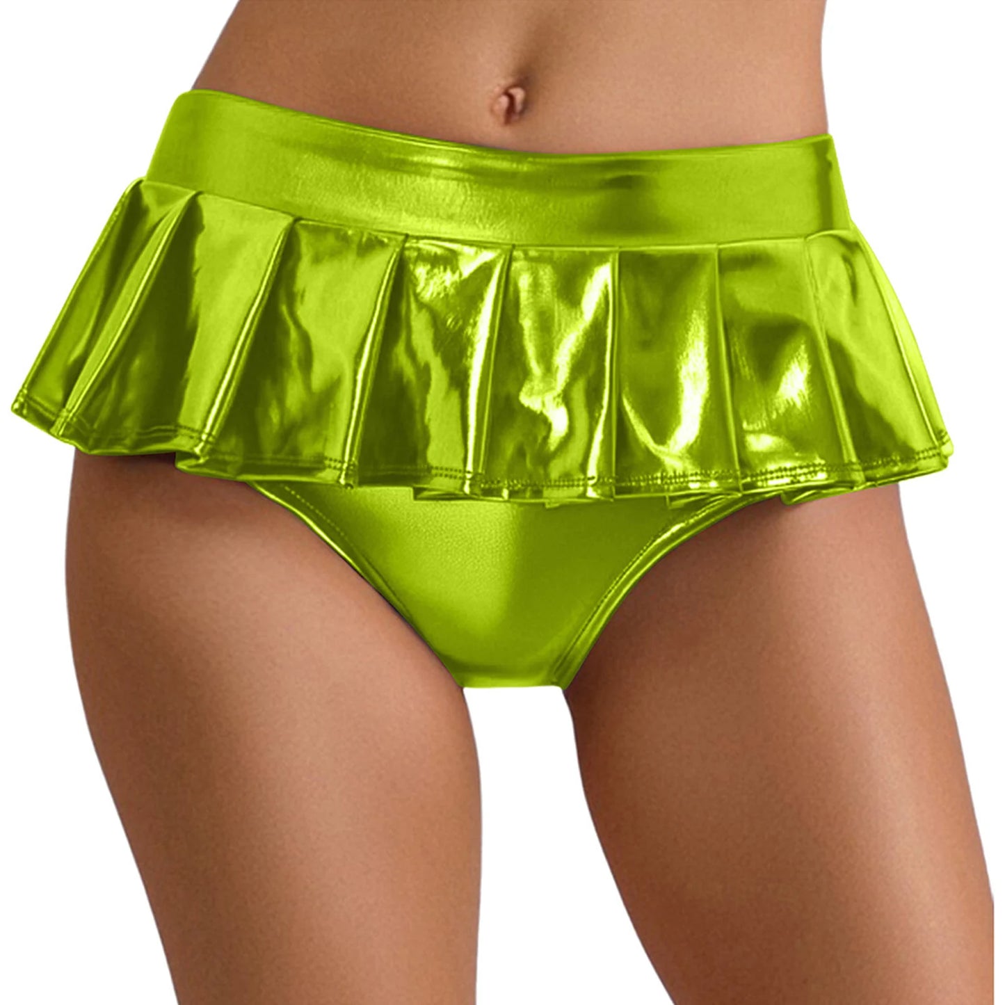 Womens Metallic Shiny Mini Skirt Elastic Waistband Pleated Skirted Underwear Culottes Micro Miniskirts Rave Party Nightclub Wear