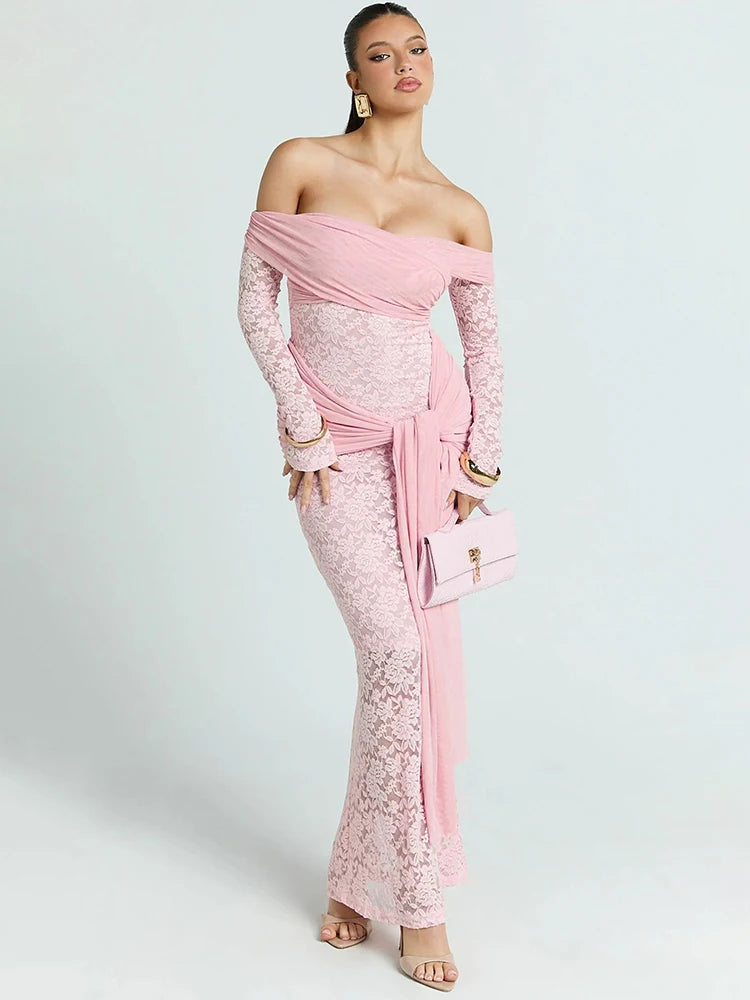 Mozision Off-shoulder Strapless Sexy Maxi Dress Women Gown Elegant Long Sleeve Backless Ruched Draped Club Party Long Dresses