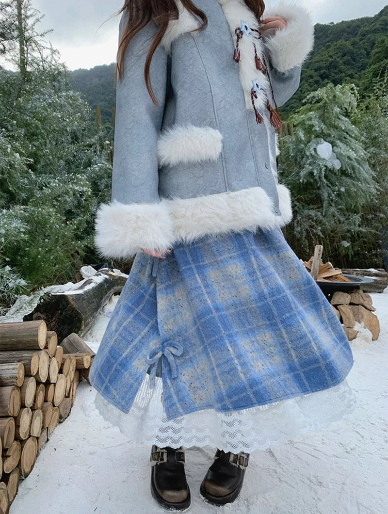 MEXZT Vintage Plaid Woolen Midi Skirt Women Japanese Kawaii Bow Lace Patchwork Skirts Winter Harajuku Cute Casual A Line Faldas