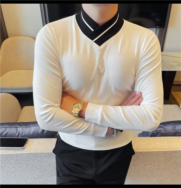 Autumn Winter Men's Mock Neck Long Sleeved T-shirt Slim Fit Elastic Solid Color Base Shirt Versatile Casual Business T-shirts