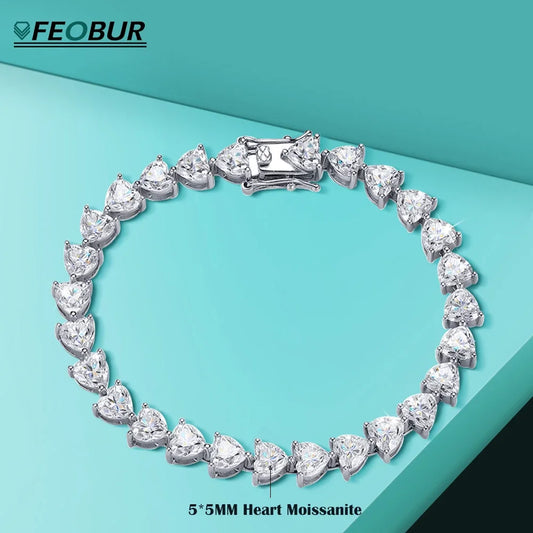 FEOBUR 3/5/6.5mm Heart Moissanite Tennis Bracelets with Certificate 925 Sterling Silver Sparkly Diamond Bangle for Women Jewelry