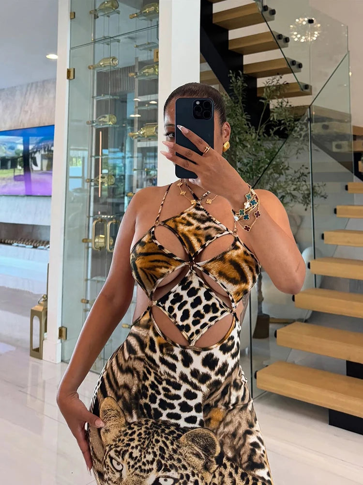 Sisterlinda Sexy Backless Dress Women Hollow Tiger Print Sleeveless Stretch Turtleneck Midnight Prom Party Clubwear Long Bodycon