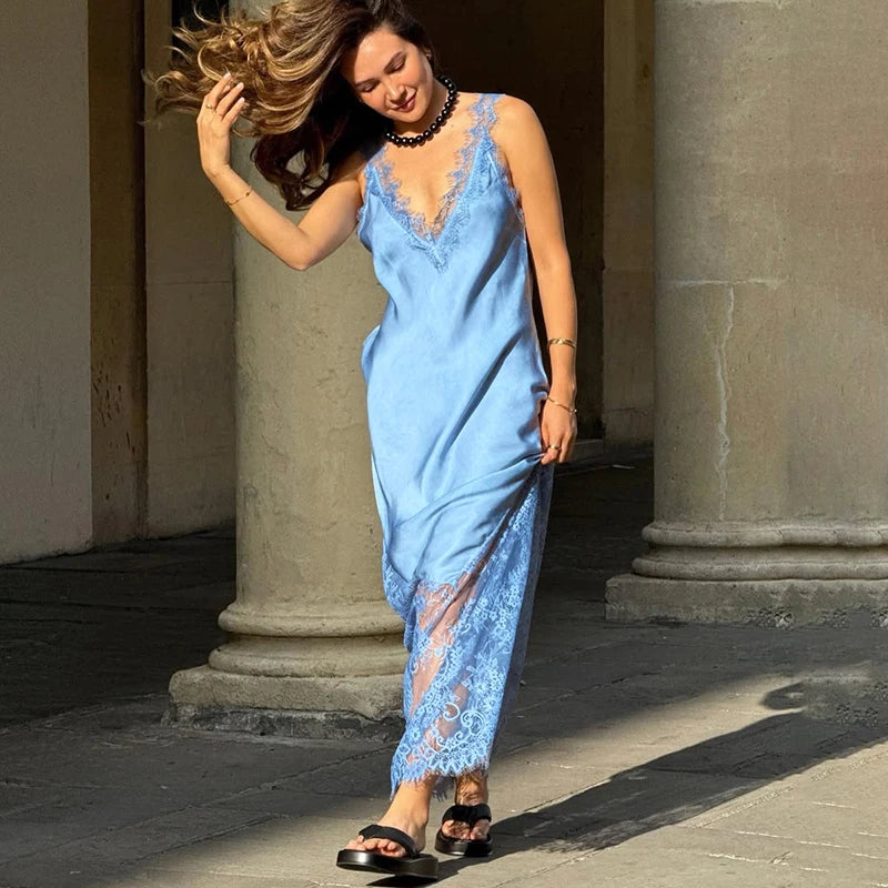 Tornova Sexy Spaghetti Strap Lace Dress For Women Fashion Splice Elegant Backless Long Dress Slim Vacation Party Female Clothes