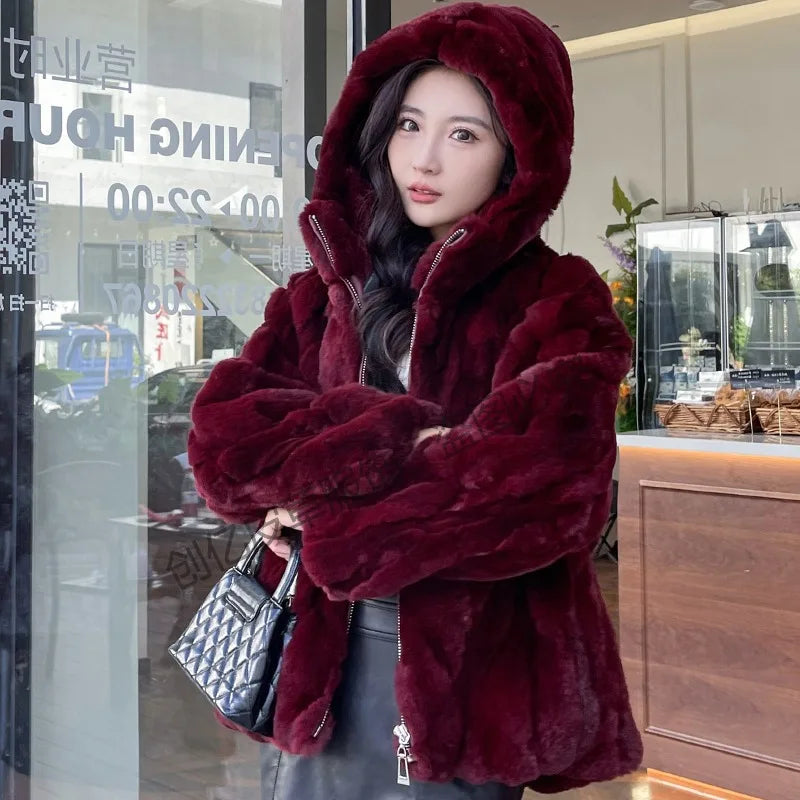 100% Real Rabbit Fur Coat Women Winter Loose Hooded Zipper Natural Fur Jacket Thick Warm Woman Clothing Female Furry Outerwears