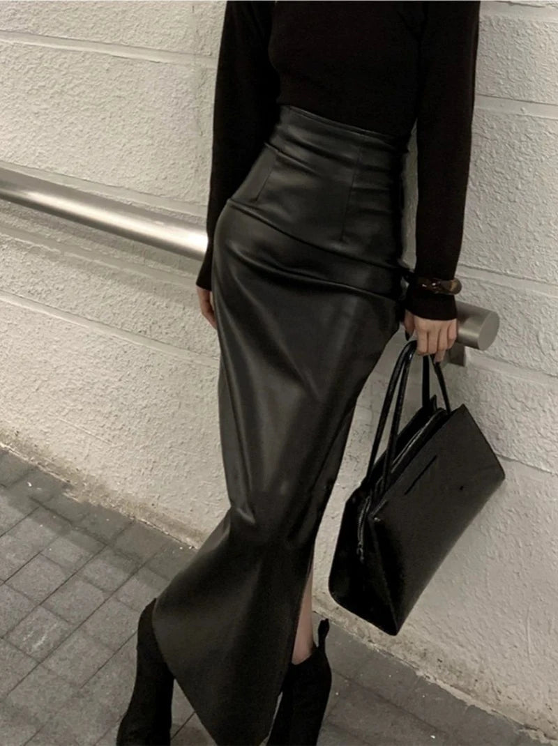 Vintage Pu Leather Slit Skirts Women High Waist Streetwear Slim Midi Skirts Y2K Korean Elegance Party Night Ladies Black Skirts