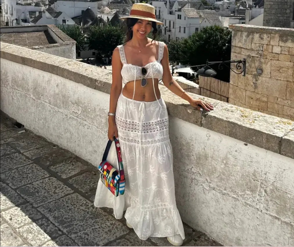 Women White Summer Outfit Botanical Garden Maxi Skirt