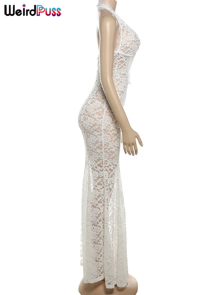 Weird Puss Lace Sexy Halter Dress Party Women Chic Backless Sleeveless Hollow Wedding Dinner Summer Vacation Bodycon Vestidos