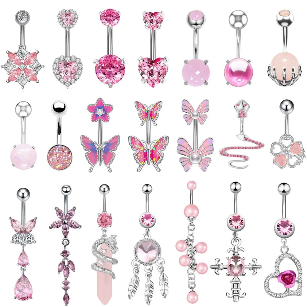 New Pink Series Heart Snake Crystal Zircon Belly Button Rings Fashion Cross Butterfly Dangled Belly Piercing for Women Jewelry