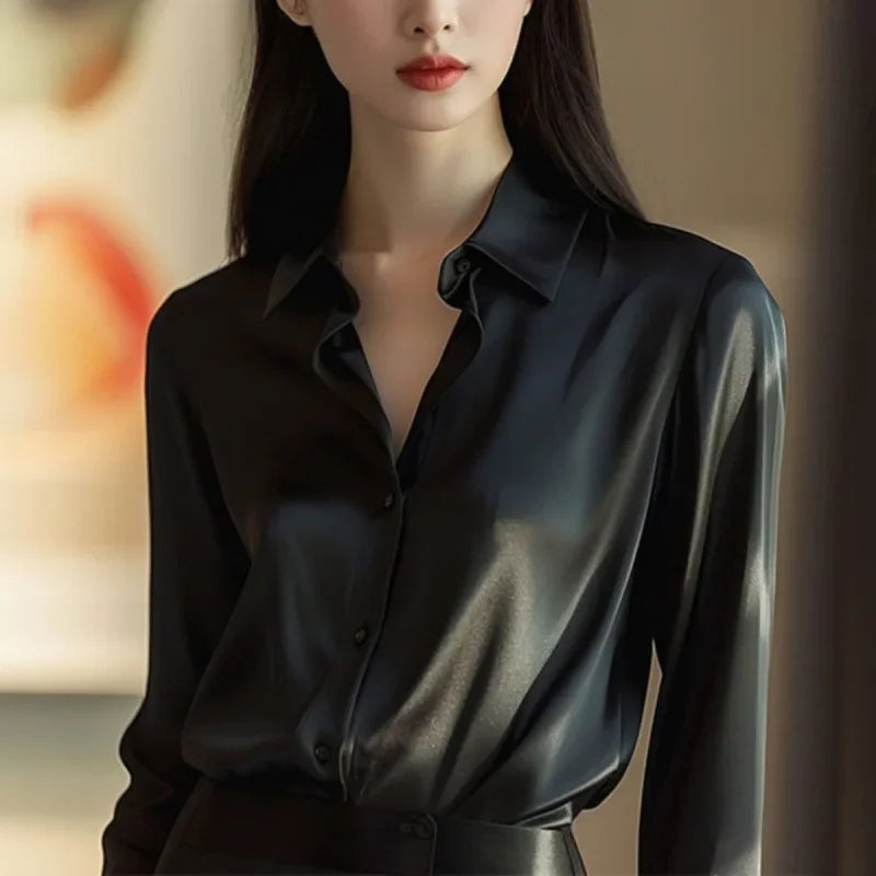 Elegant Women's Long Sleeve Shirt 2024 Spring New Style Business Casual Silky Smooth Top Versatile With Button