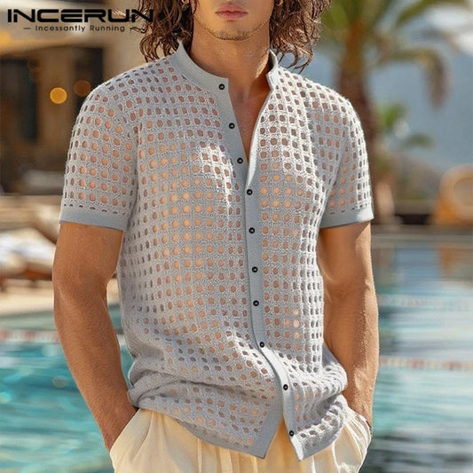 INCERUN Men Shirt Mesh See Through Hollow Out O-neck Short Sleeve Men Clothing Streetwear Summer 2025 Loose Fashion Male Tops