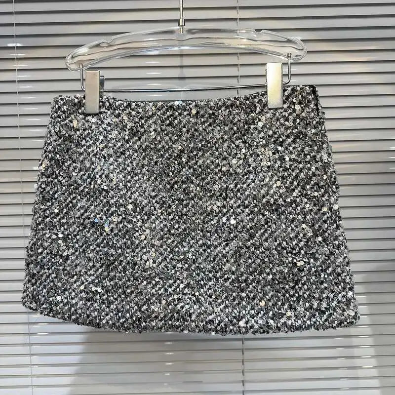 DEAT Trendy New Collection Women's Sequins Tweed Skirts 2025 Spring Fashion Zipper High Waist Wrap Hip Skirt Female 11XX7555