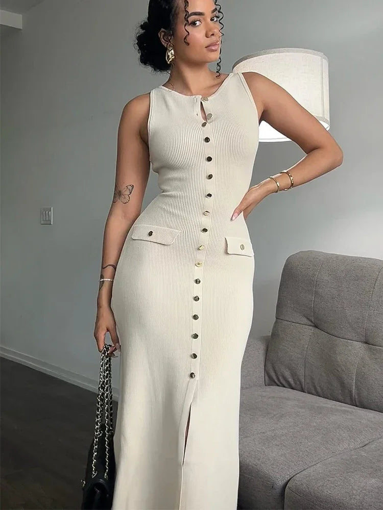 Elegant Knitted Midi Dresses Women's Black White Patchwork Slit Single Breasted Sleeveless Curvy Dress 2025 Summer Street Wear