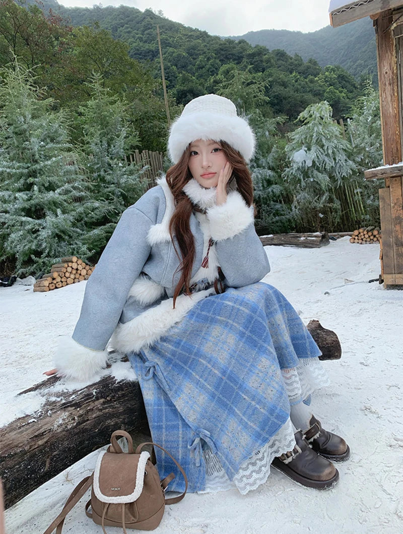 MEXZT Vintage Plaid Woolen Midi Skirt Women Japanese Kawaii Bow Lace Patchwork Skirts Winter Harajuku Cute Casual A Line Faldas