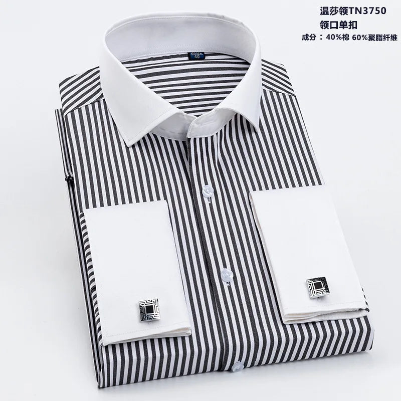 Quality Men Casual Slim Fit Shirt Mens Long Sleeve Business Dress Shirts French Cufflinks Shirt Male Striped Shirt