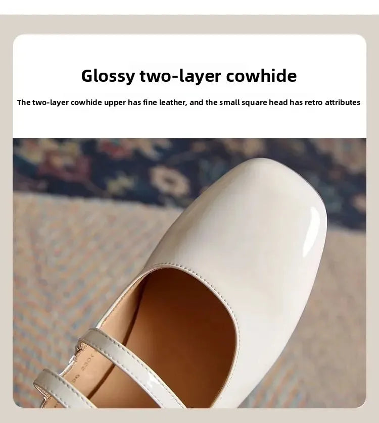French Elegance Patent Leather Slip-On Mary Jane Shoes Retro Wine Red Buckle Strap Low Heel Thick Heel Single Shoes