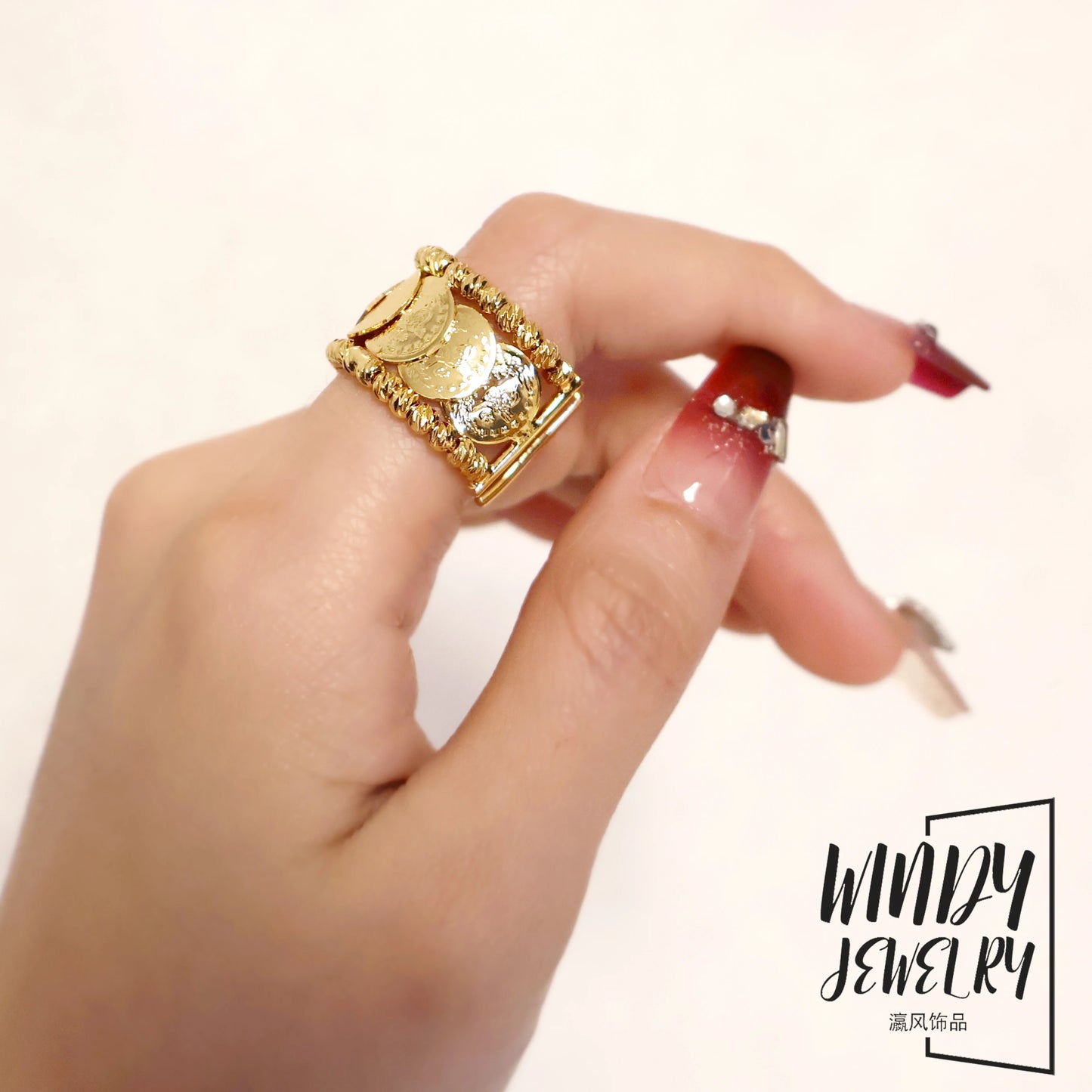 Windy Jewelry Coin Jewelry Sets 24k Gold Plated Dubai Arab Women Luxury Cuff Bangles Bridal Wedding Bracelet Rings