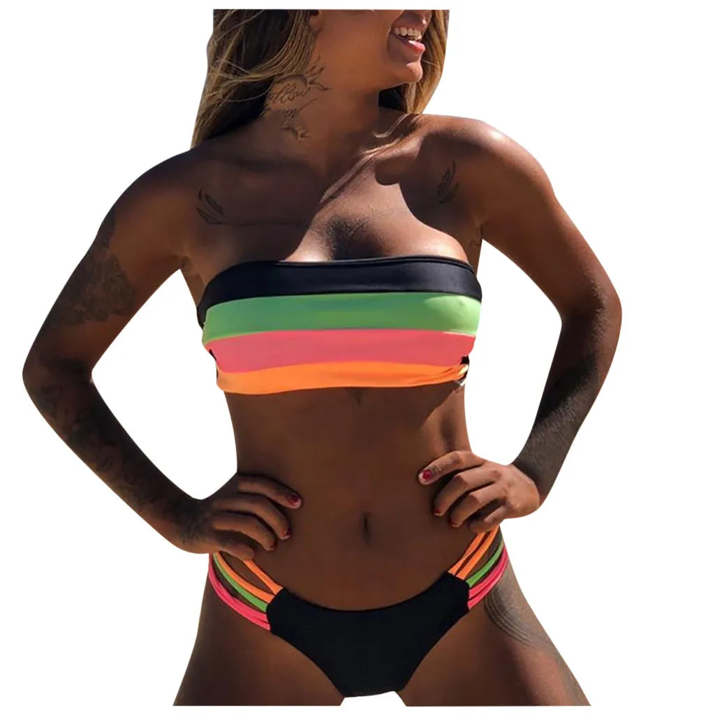 Bathing Suit Women Push-Up Swimwear New Colored Stripes Padded Strapless Bikini Set Summer Swimwears Tankinis Set Bikini Bottoms
