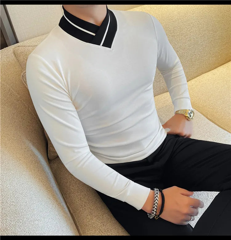Autumn Winter Men's Mock Neck Long Sleeved T-shirt Slim Fit Elastic Solid Color Base Shirt Versatile Casual Business T-shirts