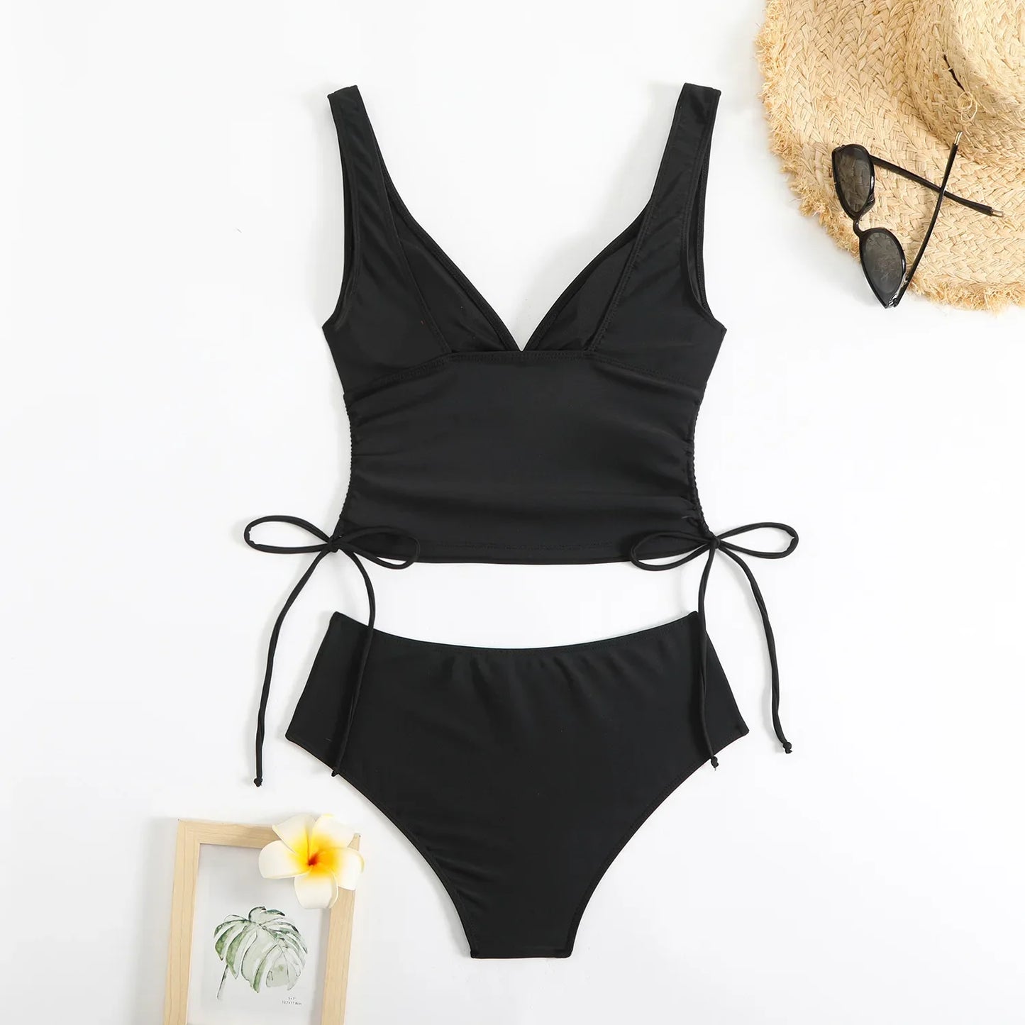 Fashionable Pure Color Nylon Fabric Bikini Set Sexy Two-Piece Swimsuit Drawstring Design Separate Top And Bottom for Women