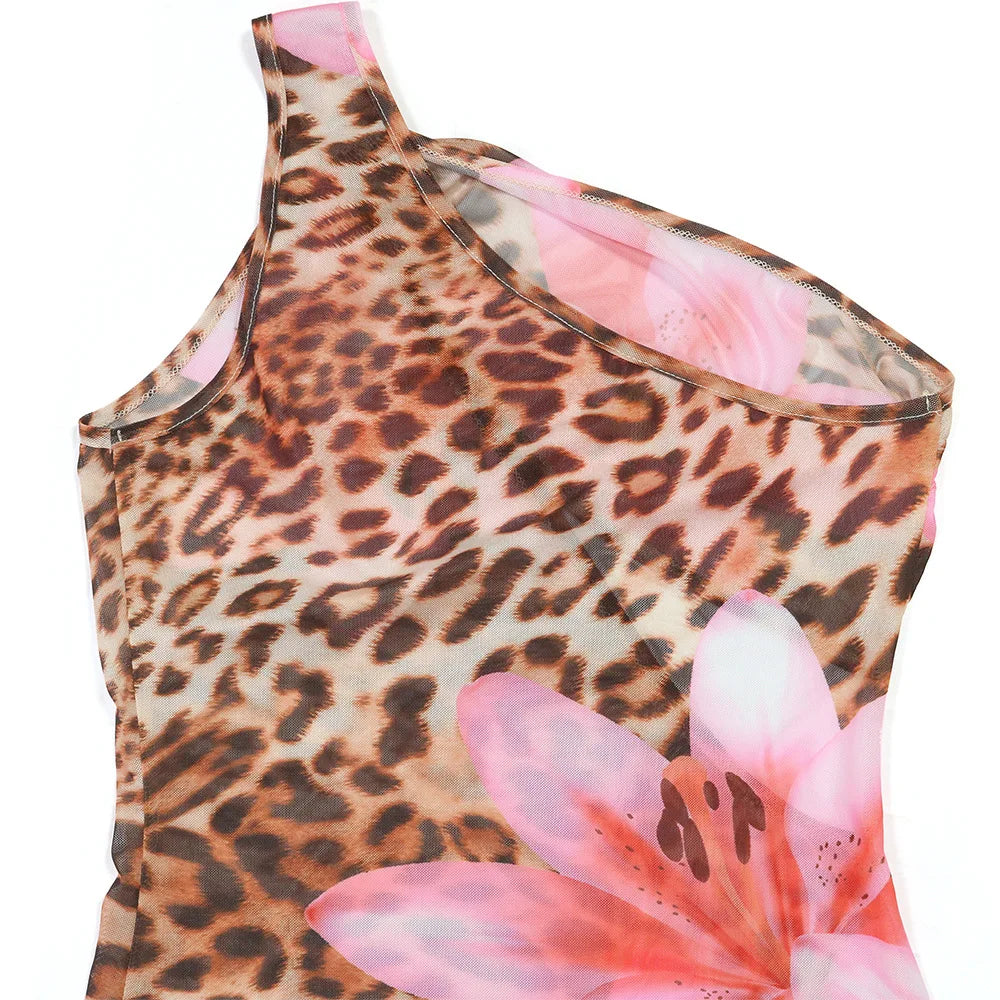 CM.YAYA Women Floral Leopsrd Printed Sleeveless High Side Split Long Maxi Dress 2025 Skew Collar Sexy Birthday Party Dresses